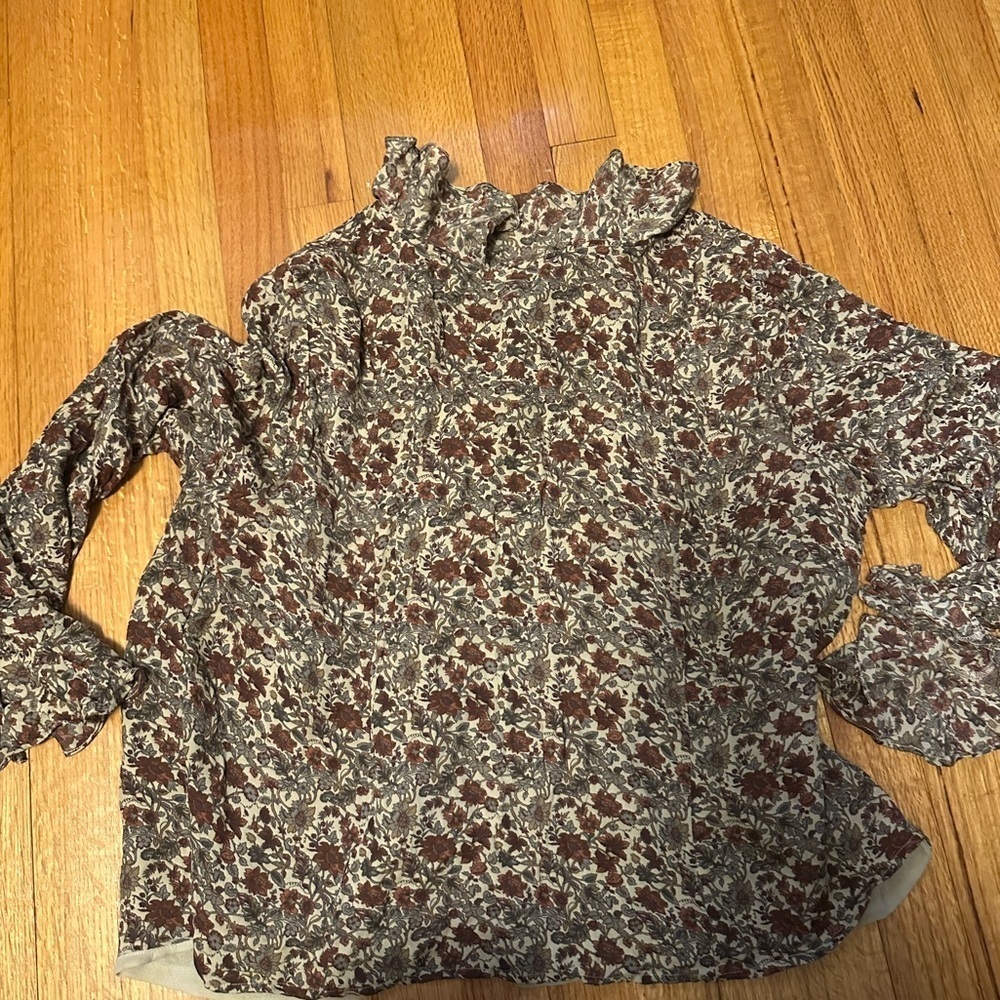 Kate Hill Silk Top Women's 20W Ruffle Long Sleeve Button Up Floral Lined (B3